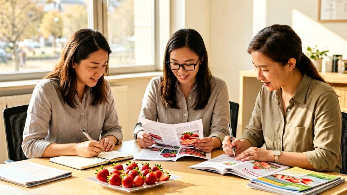 编辑团队在办公桌前审阅关于草莓片的专题稿件，桌上散落着样品样本与参考笔记，窗外光线温暖