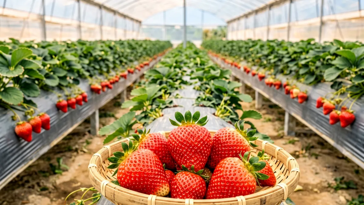 一片草莓种植棚内的实景：几排整齐的草莓垄上挂满成熟果实，棚顶阳光透过薄膜形成柔和的散射光，前景是几个刚采摘下来的鲜红草莓特写