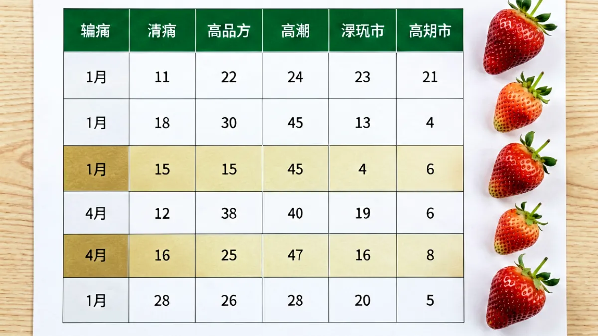 草莓片库品种对比表格的特写，六行六列清晰排列，高亮列用淡金色标注，旁边放着几个不同品种的成熟草莓实物作为对照参考