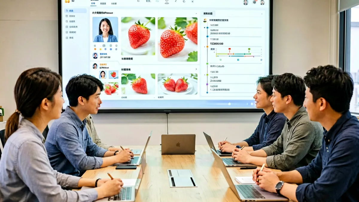 团队成员围坐在会议桌前查看草莓片库协作界面，大屏幕上显示多个成员同时在线编辑项目资料，界面中可见权限设置面板和版本历史时间轴