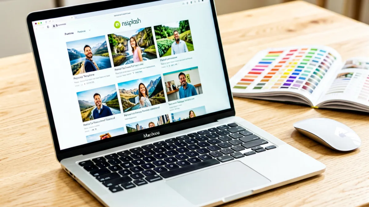 一台 MacBook 放在木质桌面上，屏幕上打开着 Unsplash 素材网站的界面，旁边放着银色无线鼠标和一本翻开的配色手册